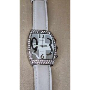 GENEVA Quartz Watch, Rare, White Band, Square Face Blingy Needs Battery